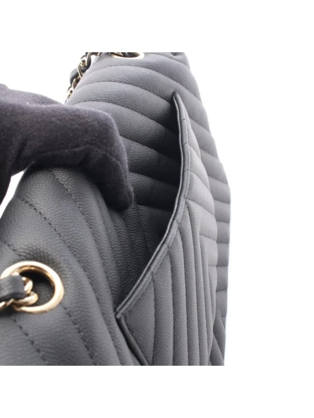 Chanel Shoulder Bag Chevron Stitch Double Flap Black Caviar Leather Chain